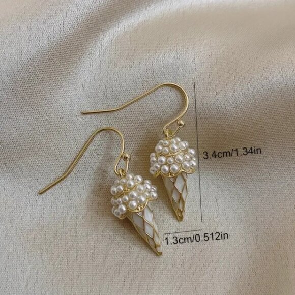 14k Gold Plated 925 Sterling Silver Faux Pearl Ice Cream Cone Drop Earrings - Picture 3 of 3